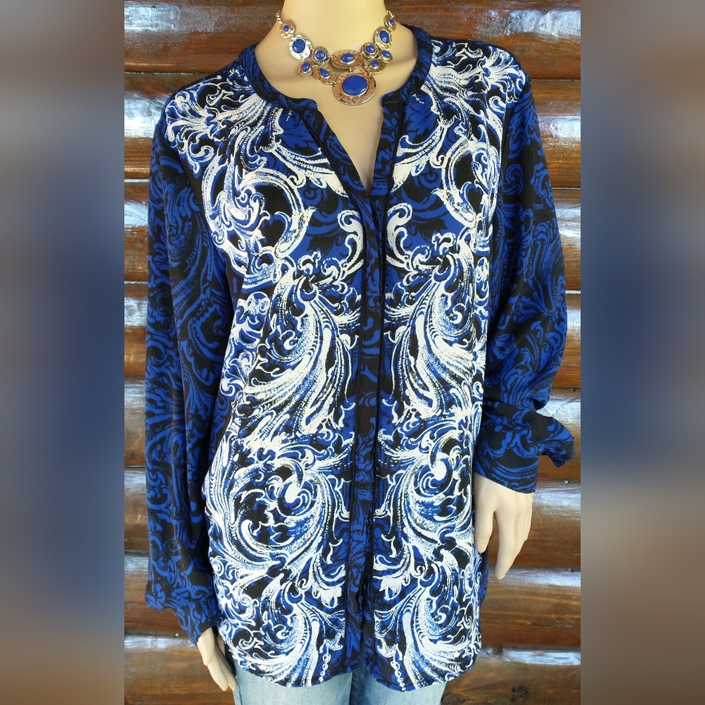 Dana Buchman Long Sleeve Paisley Print Button Down Top. Sz 16